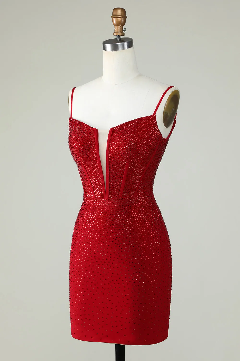 Red Beaded Sheath Spaghetti Strap Homecoming Dress