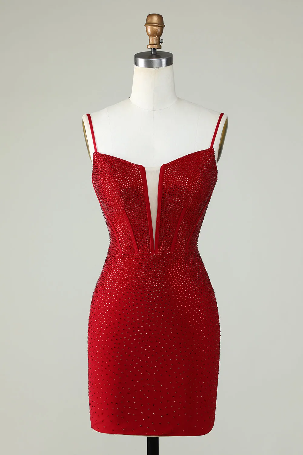 Red Beaded Sheath Spaghetti Strap Homecoming Dress