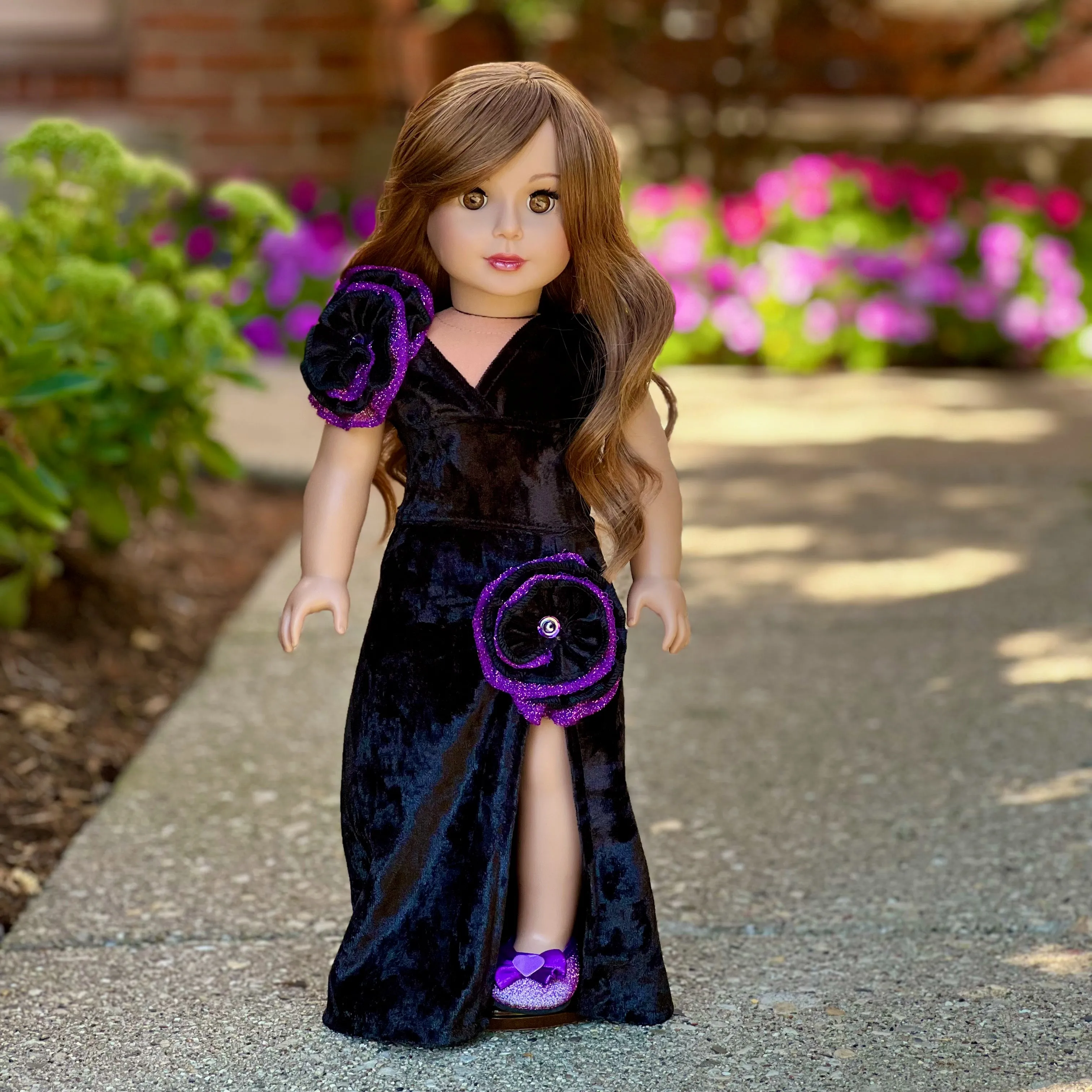 Royal Velvet - 2 Piece Outfit for 18 inch Doll -Black and Purple Gown and Matching Shoes - 18 inch Doll Clothes (Doll NOT Included)