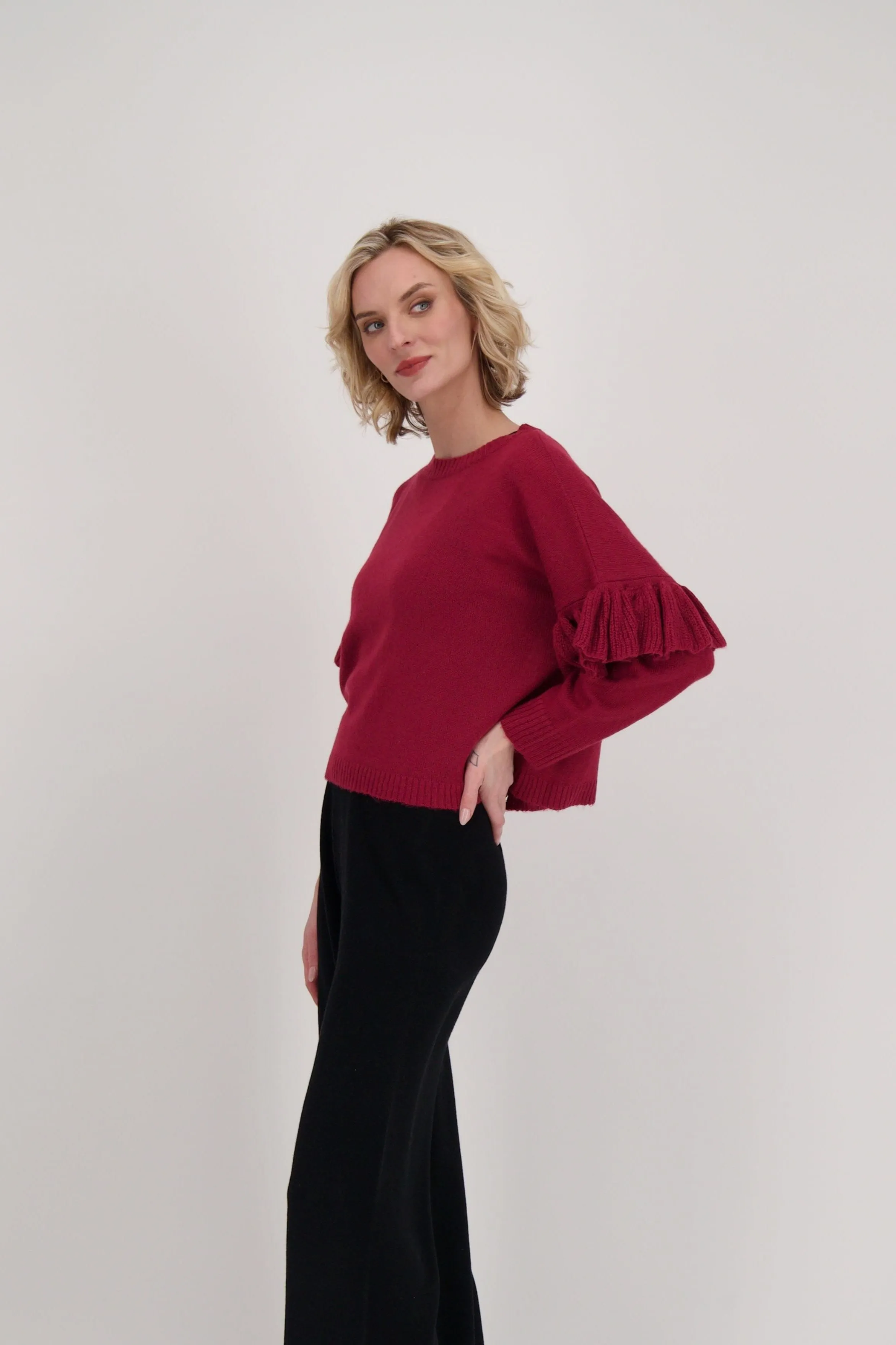 Ruffle Sleeve Crew Neck Sweater