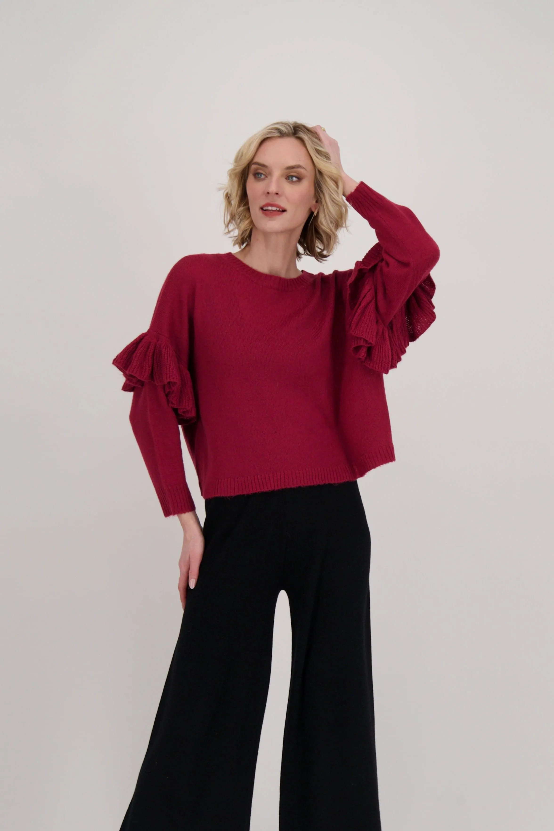 Ruffle Sleeve Crew Neck Sweater