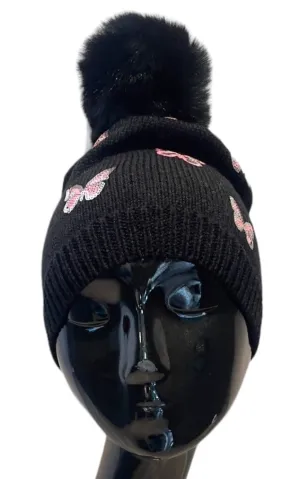 SEQUIN BUTTERFLY POMPOM BLACK BEANIE