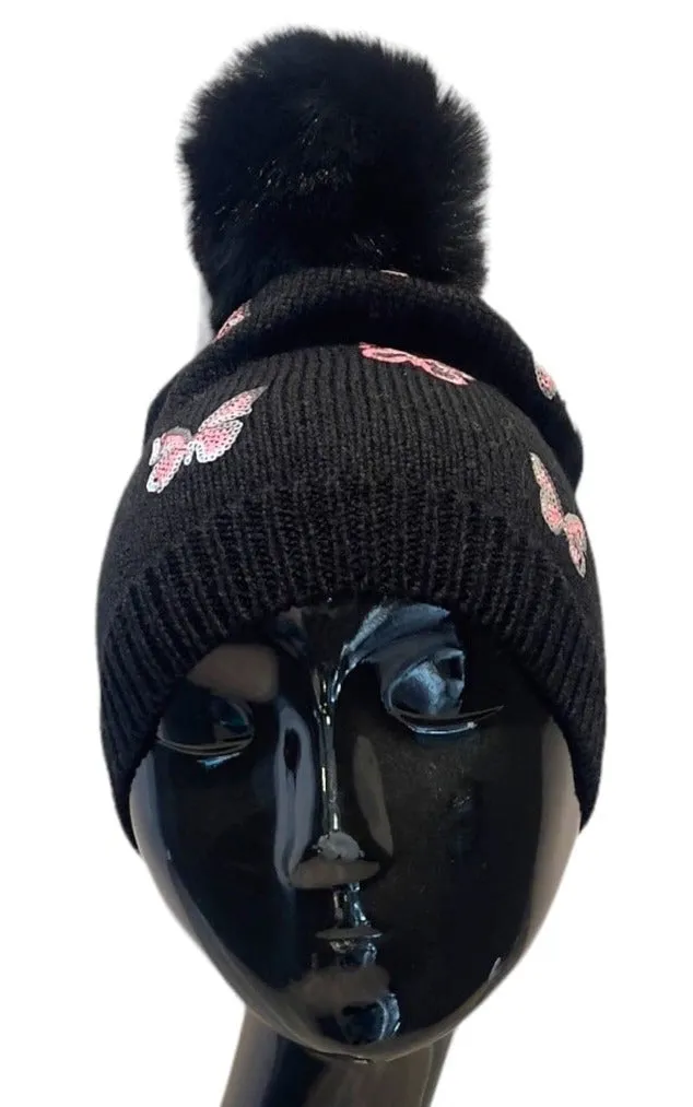 SEQUIN BUTTERFLY POMPOM BLACK BEANIE