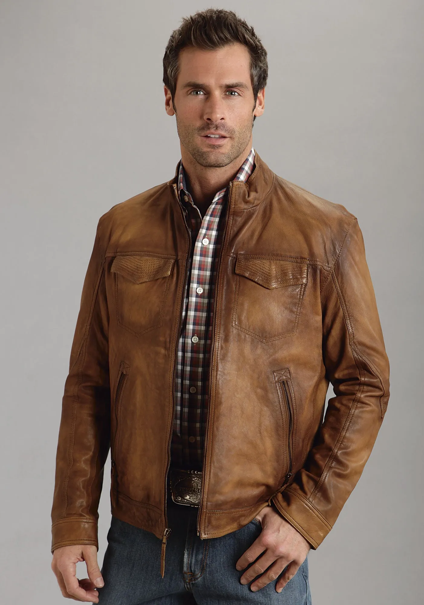 Stetson Mens Brown Burnished Leather Jacket Motorcycle Western Zip Front