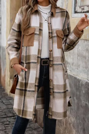 Stylish Button-Checked Color-Blocked Maxi Jacket