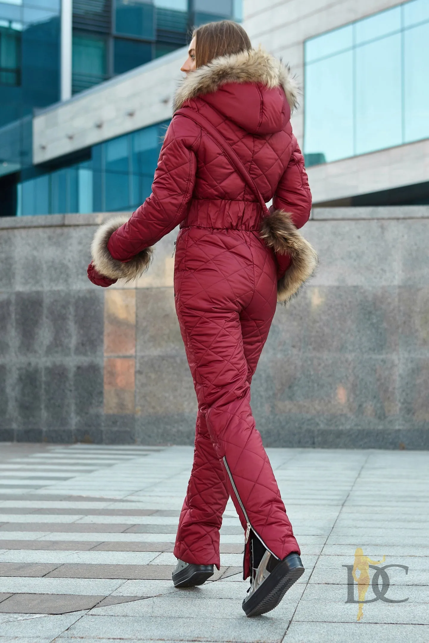 Stylish Functional Winter Jumpsuit Bordeaux Handbag Gloves Women Clothes