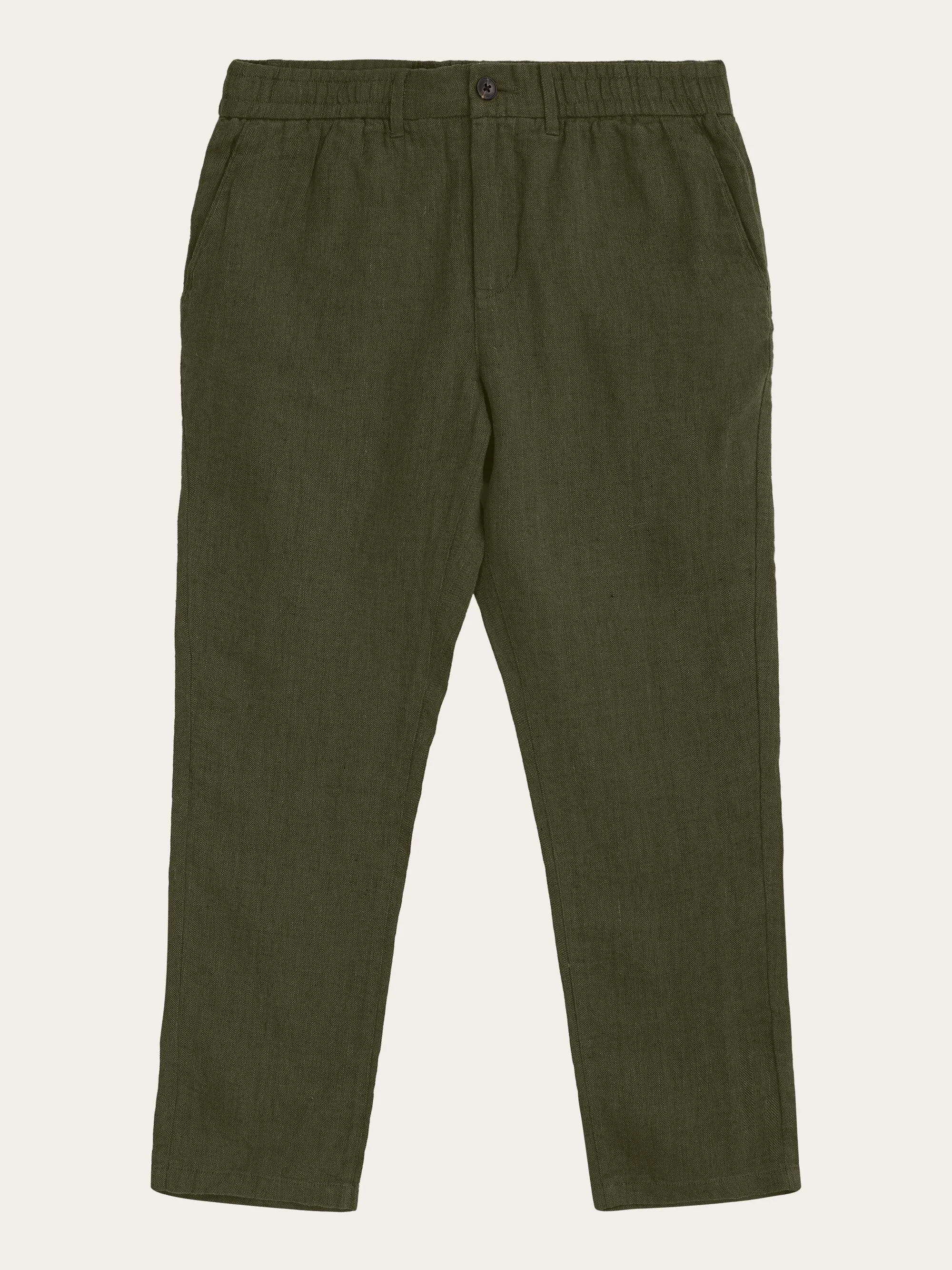 TIM tapered herringbone linen elastic waist string pants - GOTS/Vegan - Burned Olive