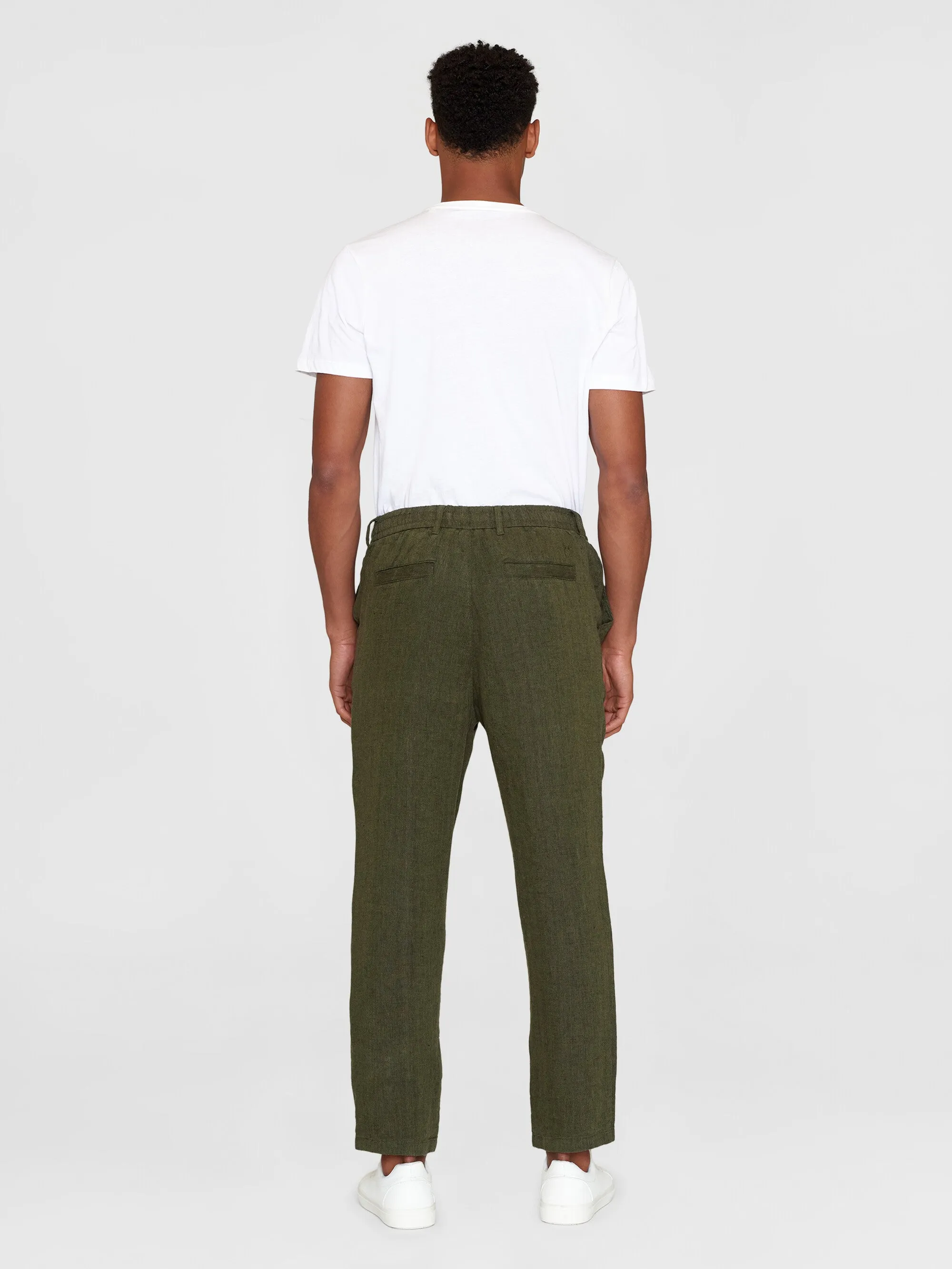 TIM tapered herringbone linen elastic waist string pants - GOTS/Vegan - Burned Olive