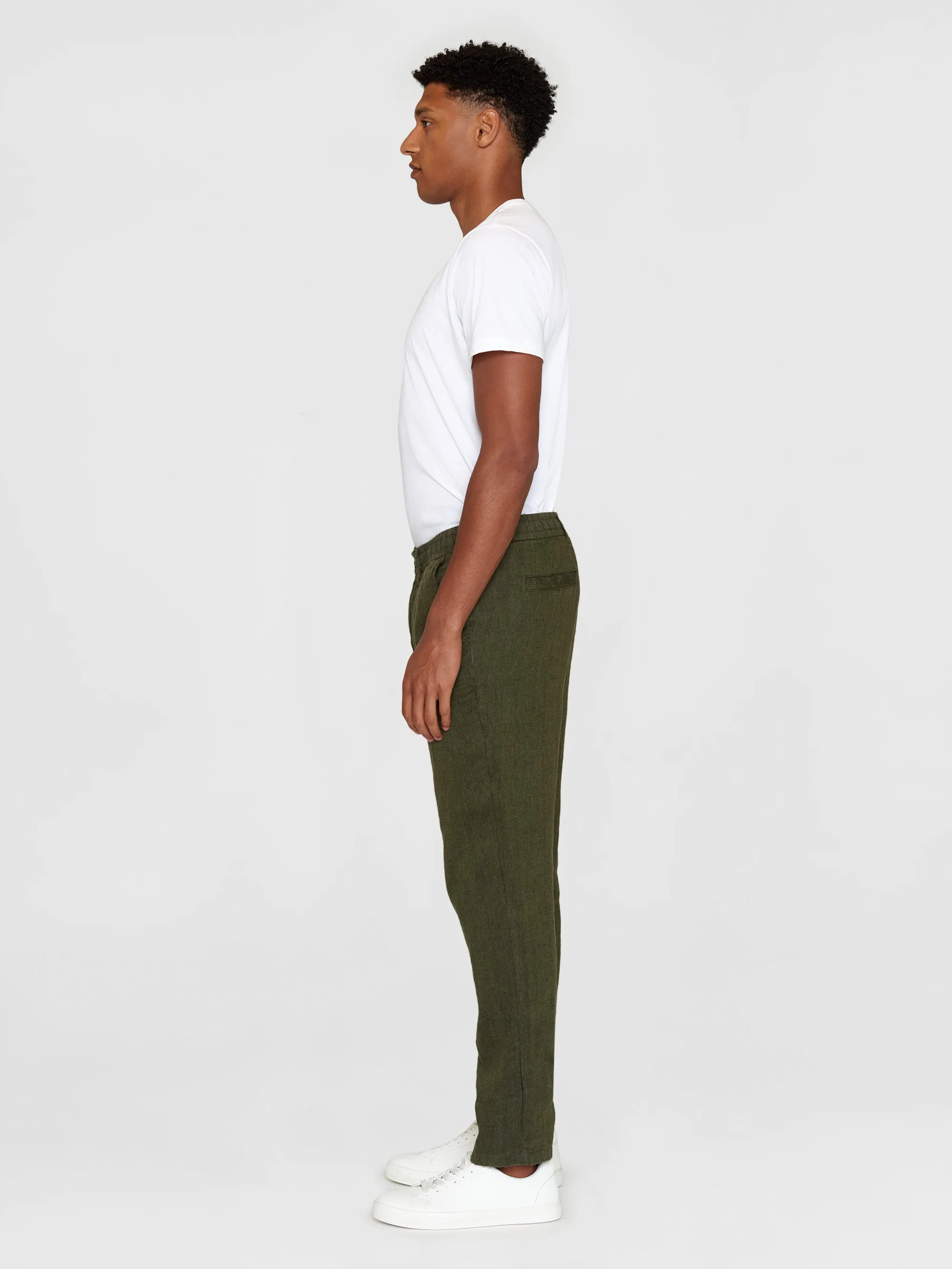 TIM tapered herringbone linen elastic waist string pants - GOTS/Vegan - Burned Olive