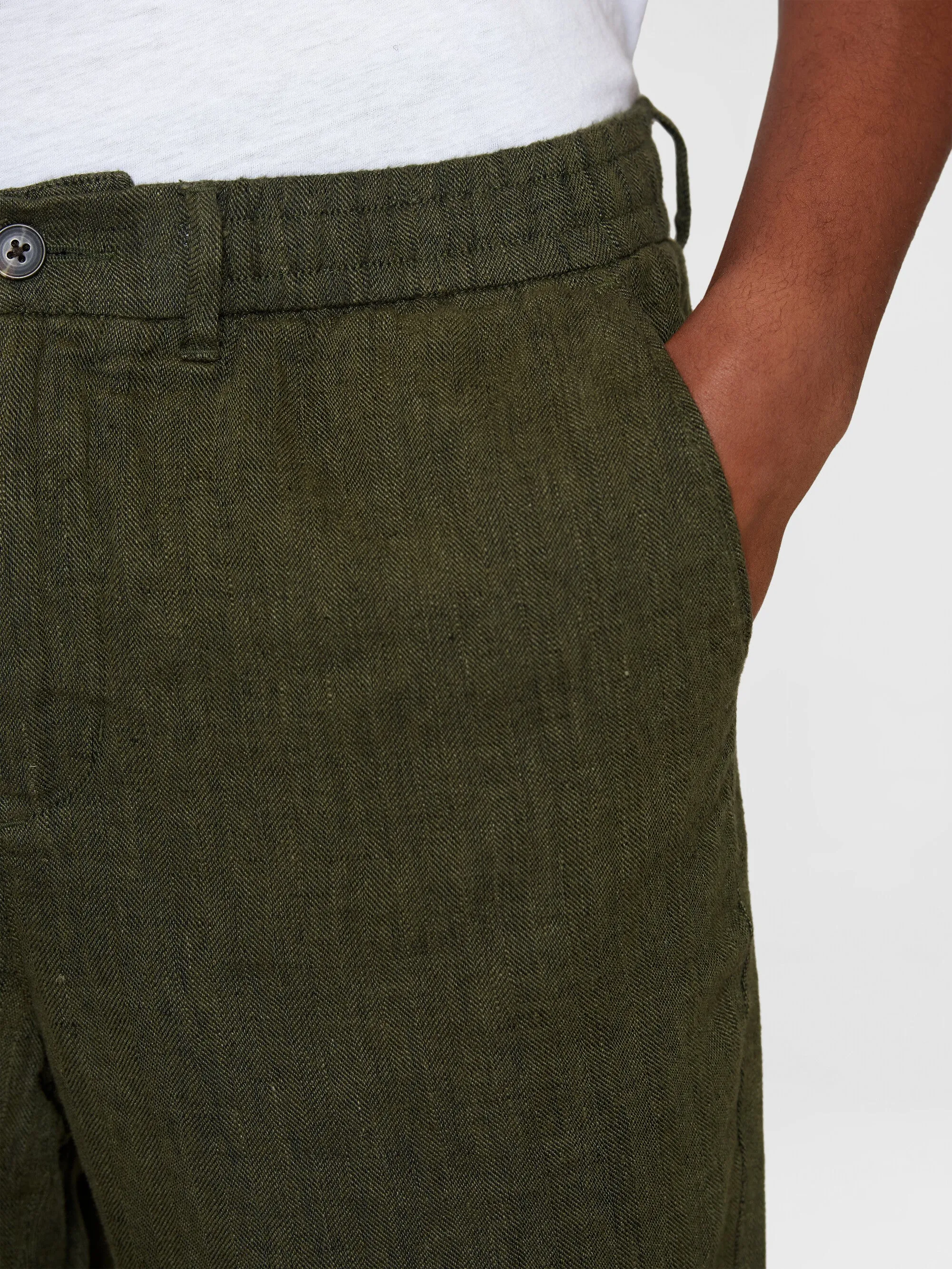 TIM tapered herringbone linen elastic waist string pants - GOTS/Vegan - Burned Olive