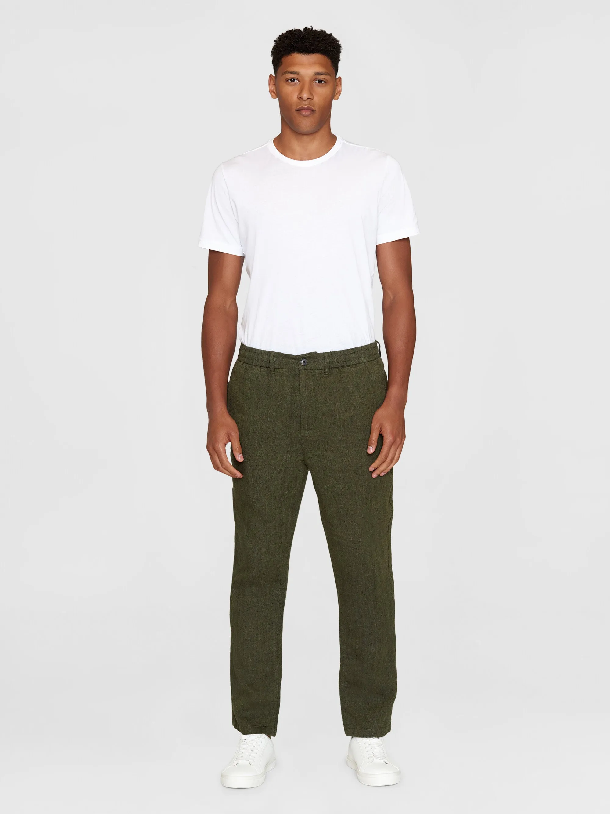 TIM tapered herringbone linen elastic waist string pants - GOTS/Vegan - Burned Olive