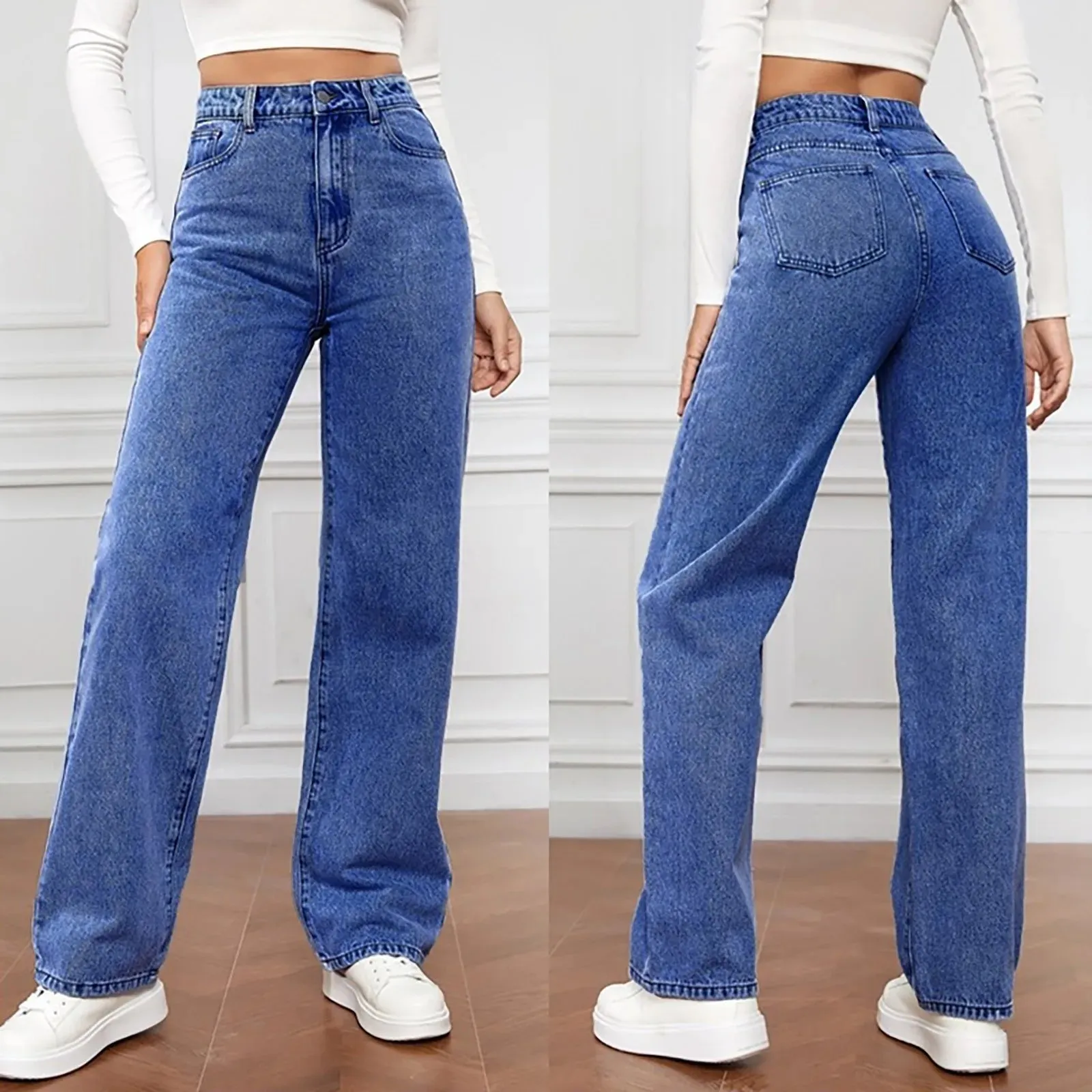 Trendy Straight Leg High Waist Denim Jeans