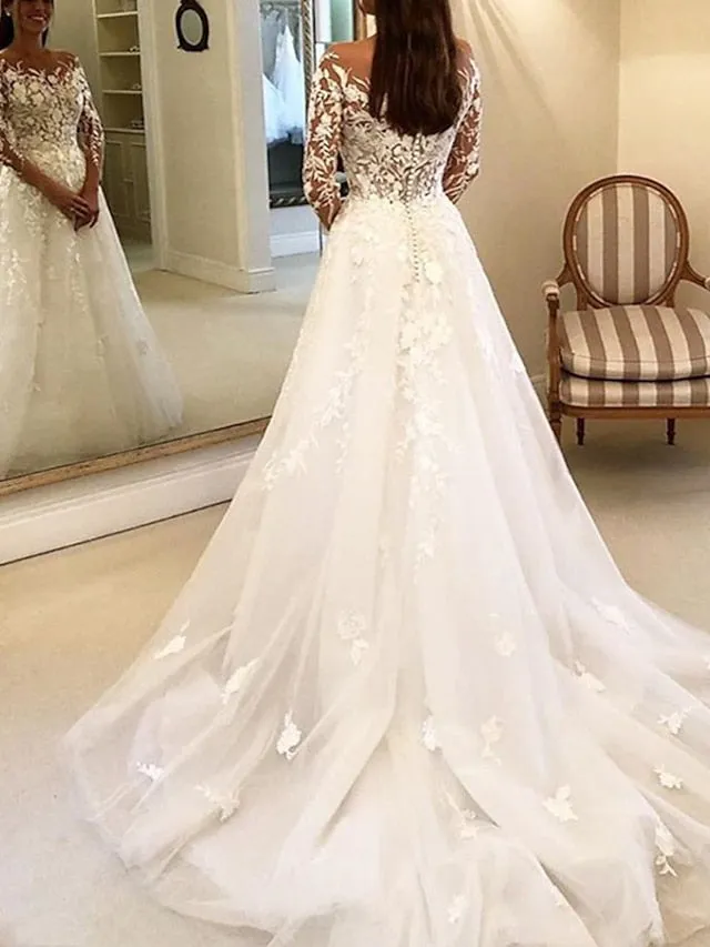 Vintage Formal Wedding Dresses Ball Gown Off Shoulder Long Sleeve Chapel Train Lace Bridal Gowns With Buttons Appliques 2023 Summer Wedding Party, Women's Clothing