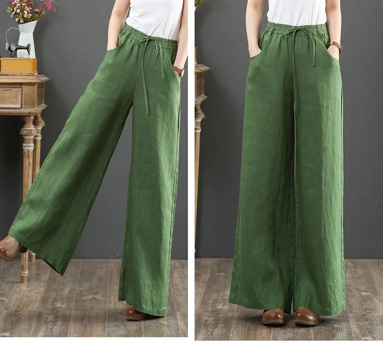 Womens Linen Pants - Loose Fitting Minimalist Elegant With Pocket - Womans Casual Pants - Soft Loose Pants - Wide Leg Trousers - Elastic