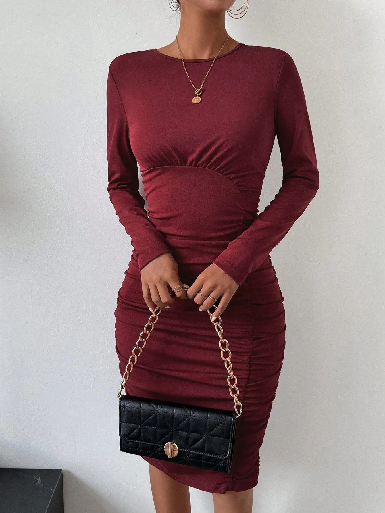 Women's Pleated Long Sleeve Slim Fit Dress