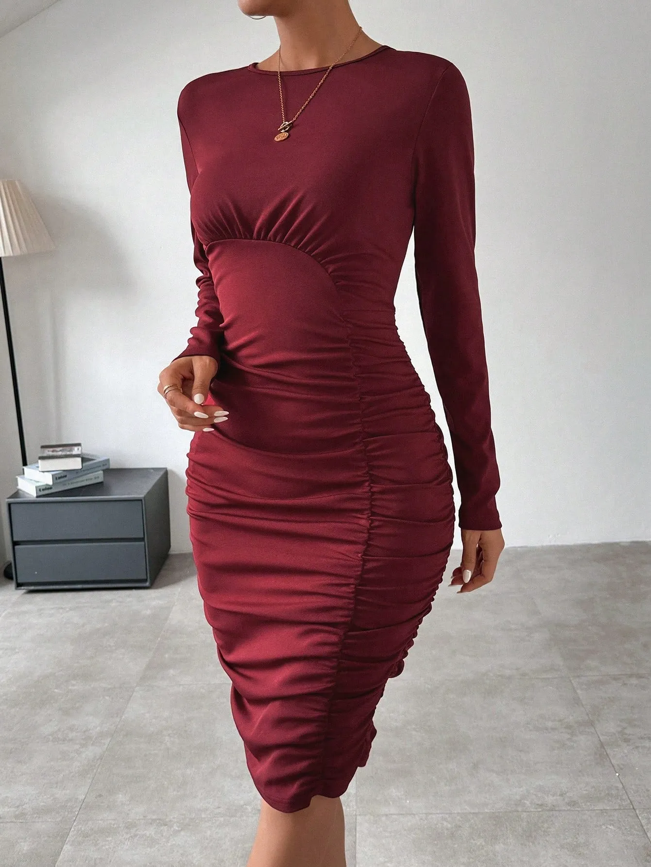 Women's Pleated Long Sleeve Slim Fit Dress