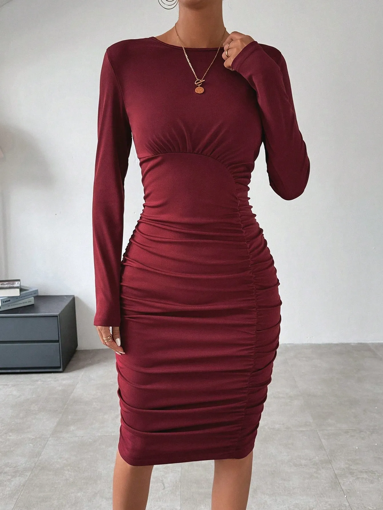 Women's Pleated Long Sleeve Slim Fit Dress