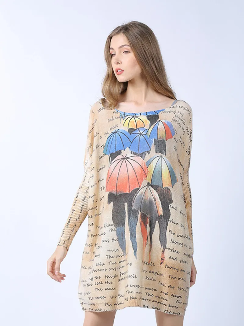 women's stylish midi length loose cartoon printing sweater Top